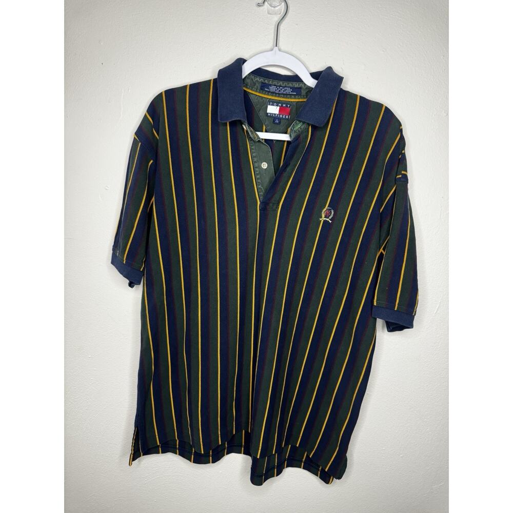 Vtg 90's Tommy Hilfiger Polo Men's Size L Green With Blue Red/Yellow Stripes Y2K